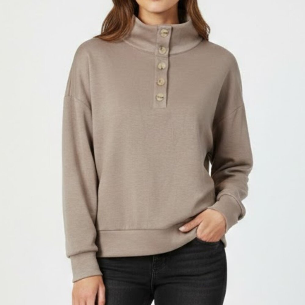 Scoop Women’s Scuba Button Neck Sweatshirt Mushroom Brown Beige M 8-10 NWT